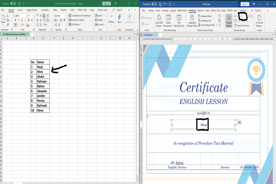 Cara Mencetak Sertifikat dengan menggunakan Ms Office dan Ms Excel 