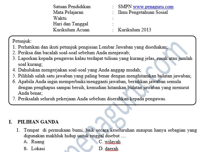 Kisi-Kisi dan Soal PAS IPS SMP Semester 1 Kelas 7 8 9 Kurikulum 2013 2 Soal PAS IPS SMP Semester 1