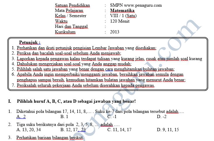 Kisi-Kisi dan Soal PAS Matematika SMP Kelas 7 8 9 Semester 1 Kurikulum 2013 2 Soal PAS Matematika SMP