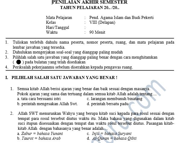 Kisi Kisi Dan Soal Pas Pai Smp Semester 1 Kelas 7 8 9 Kurikulum 2013