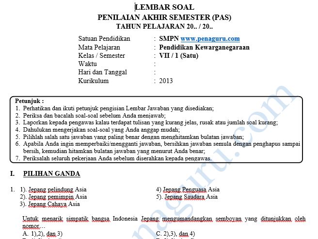 Kisi-Kisi dan Soal PAS PKn SMP Semester 1 Kelas 7 8 9 Kurikulum 2013 2 Soal PAS PKn SMP Semester 1