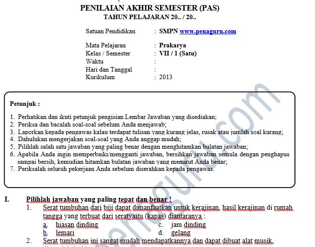 Kisi-Kisi dan Soal PAS Prakarya SMP Semester 1 Kelas 7 8 9 Kurikulum 2013 2 Soal PAS Prakarya SMP Semester 1