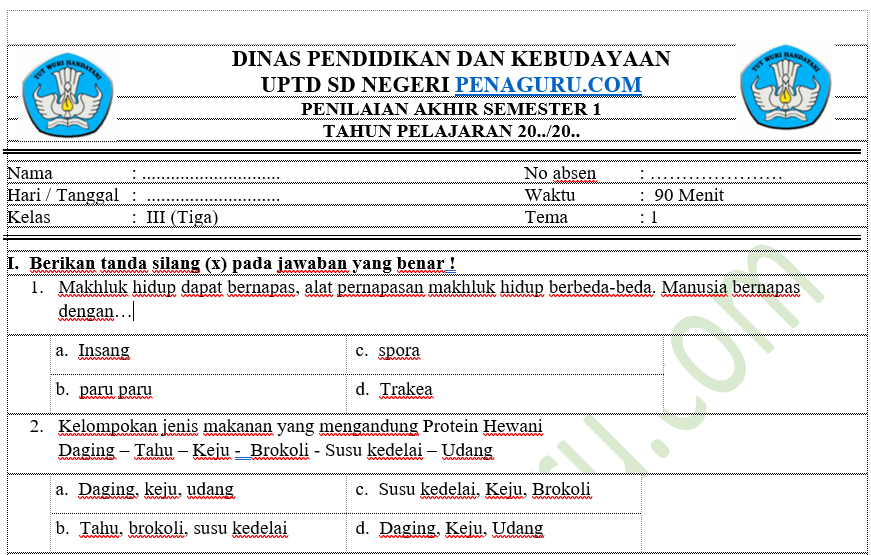 Soal PAS Tematik Kelas 3 Semester 1 SD/MI Kurikulum 2013 Revisi Terbaru 2 Soal PAS Tematik Kelas 3 Semester 1