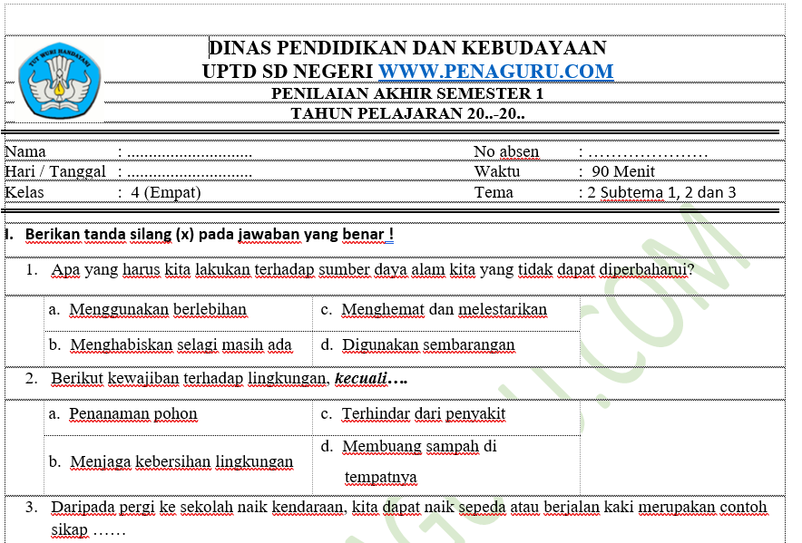 Soal PAS Tematik Kelas 4 Semester 1 SD/MI Kurikulum 2013 Revisi Terbaru 2 Soal PAS Tematik Kelas 4 Semester 1