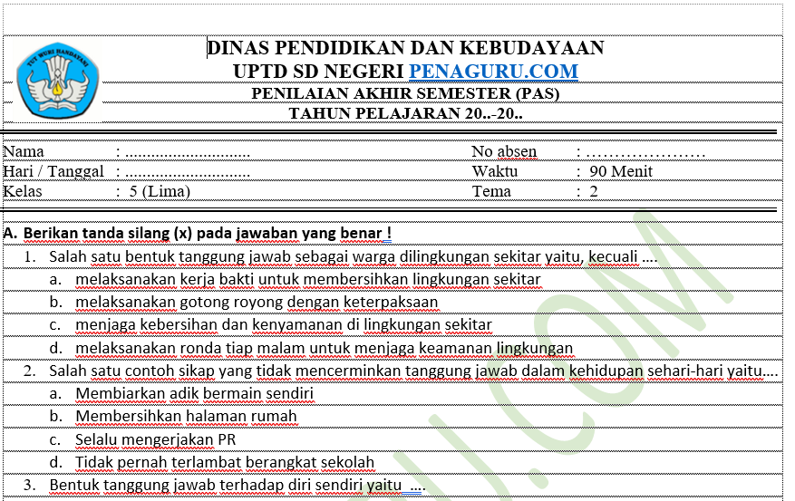 Soal PAS Tematik Kelas 5 Semester 1 Kurikulum 2013 Revisi Terbaru 2 Soal PAS Tematik Kelas 5 Semester 1