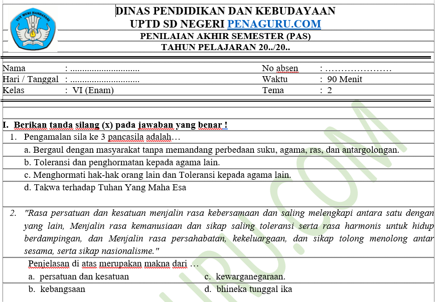 Soal PAS Tematik Kelas 6 Semester 1 SD/MI Kurikulum 2013 Revisi Terbaru 2 Soal PAS Tematik Kelas 6 Semester 1